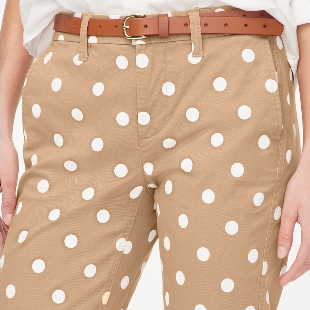 J crew high rise girlfriend chino khaki pants with white polka dots. Size 0